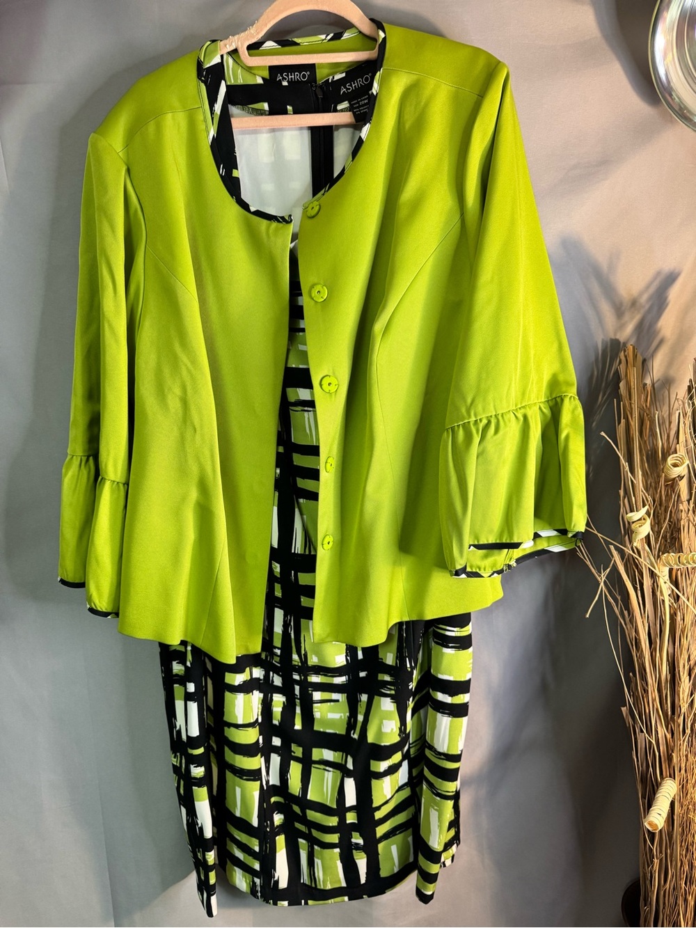 Ashro Lime Green Bell-Sleeve Blazer with Abstract Dress